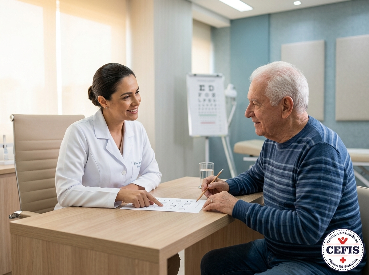 Médica geriatra atendendo paciente na CEFIS Brasília