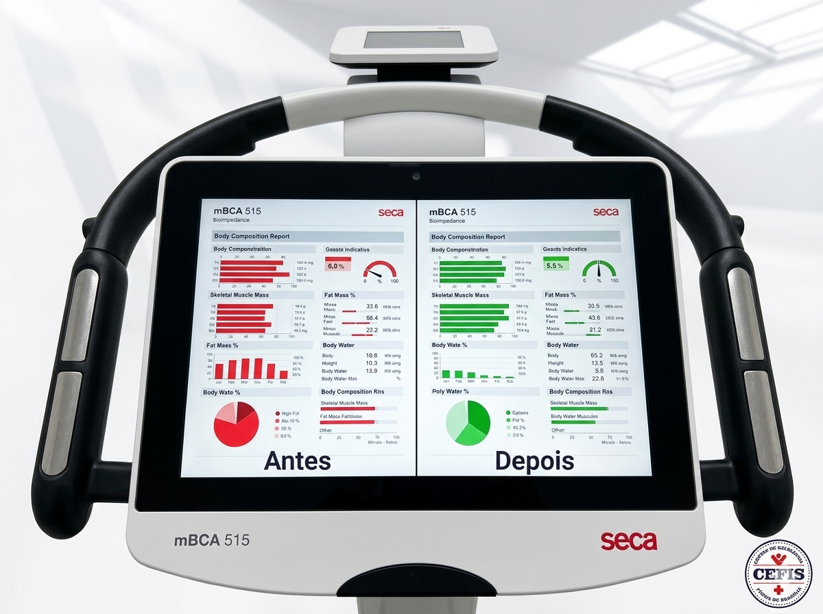 Bioimpedância SECA — antes e depois tratamento obesidade CEFIS