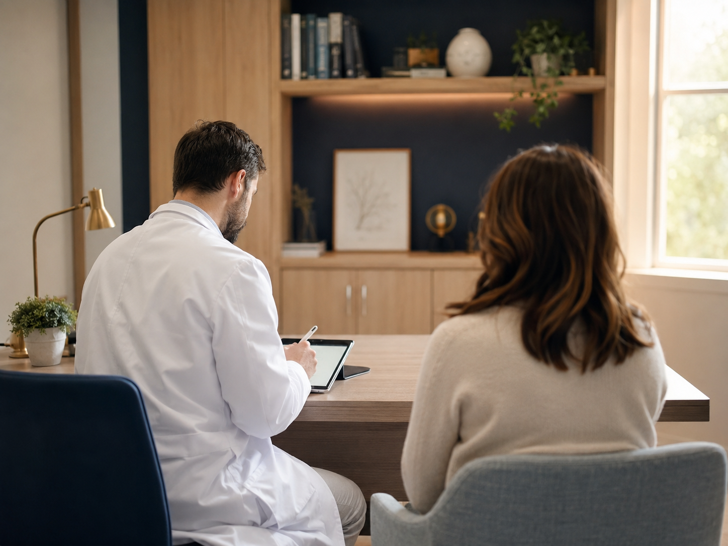 Médica clínica em consulta com cliente adulto