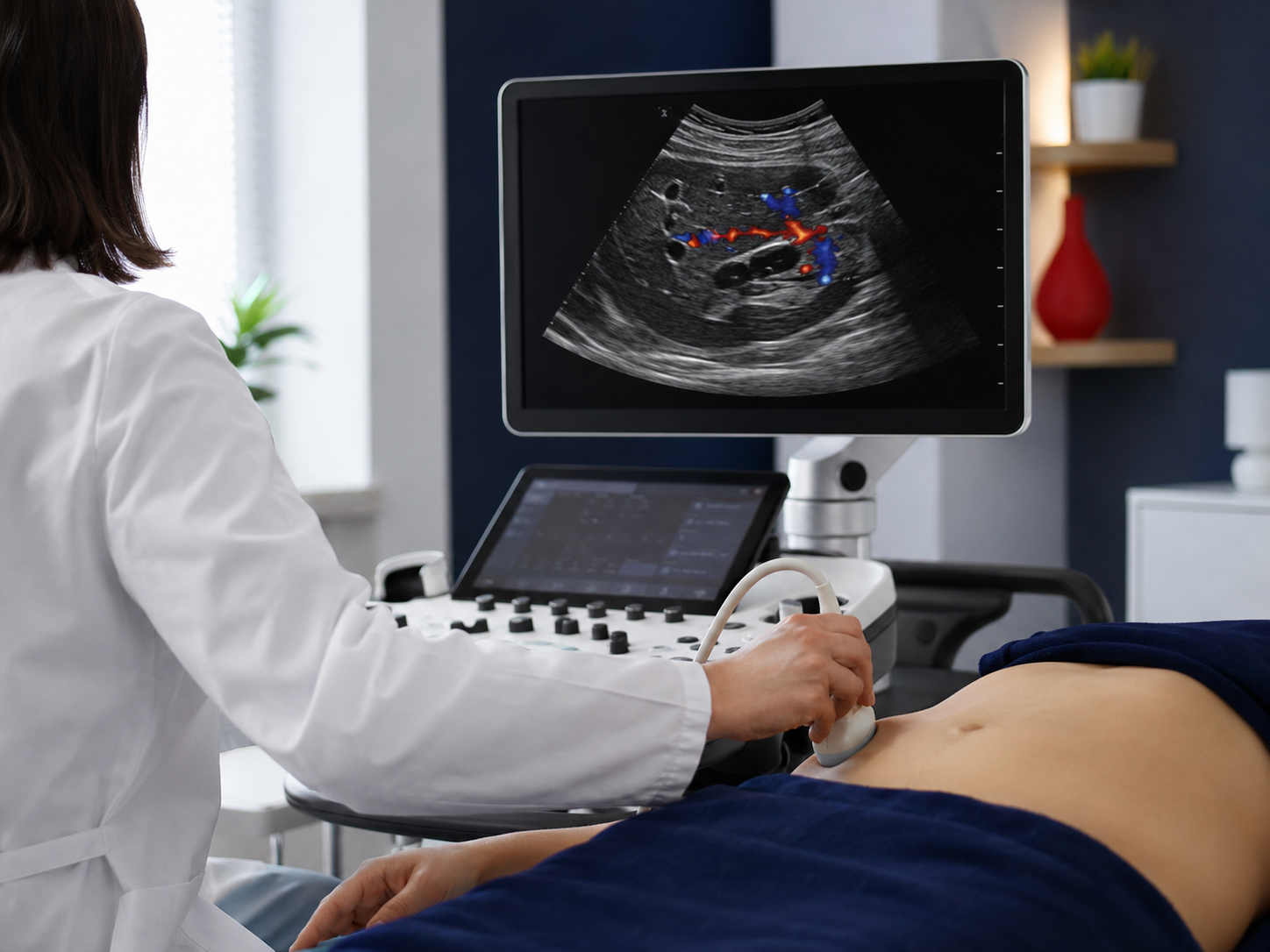 Ultrassonografia de abdome na CEFIS Brasília — monitor com doppler colorido