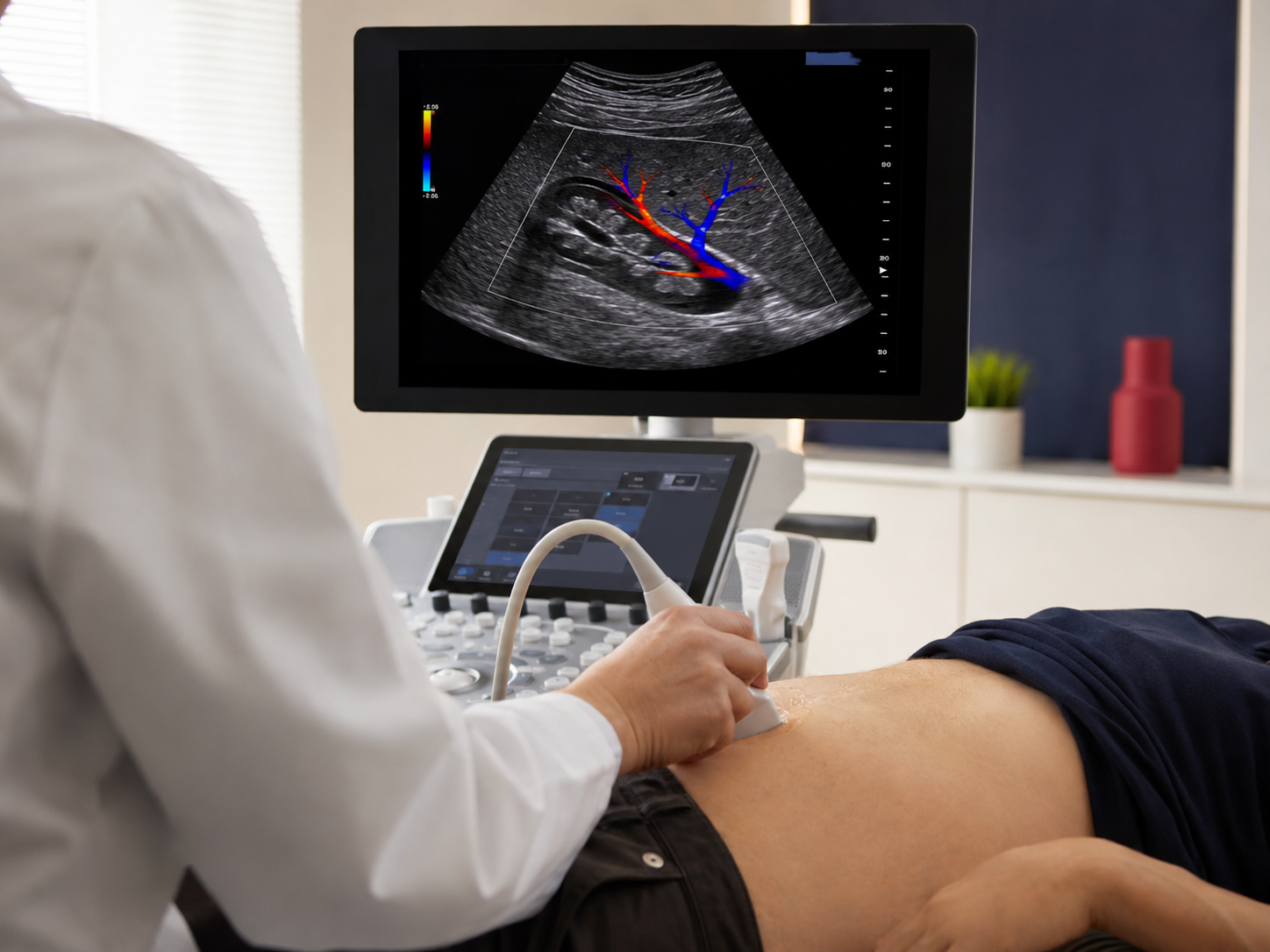 Exame de ultrassonografia na CEFIS Brasília — monitor com imagem de ultrassom e doppler colorido