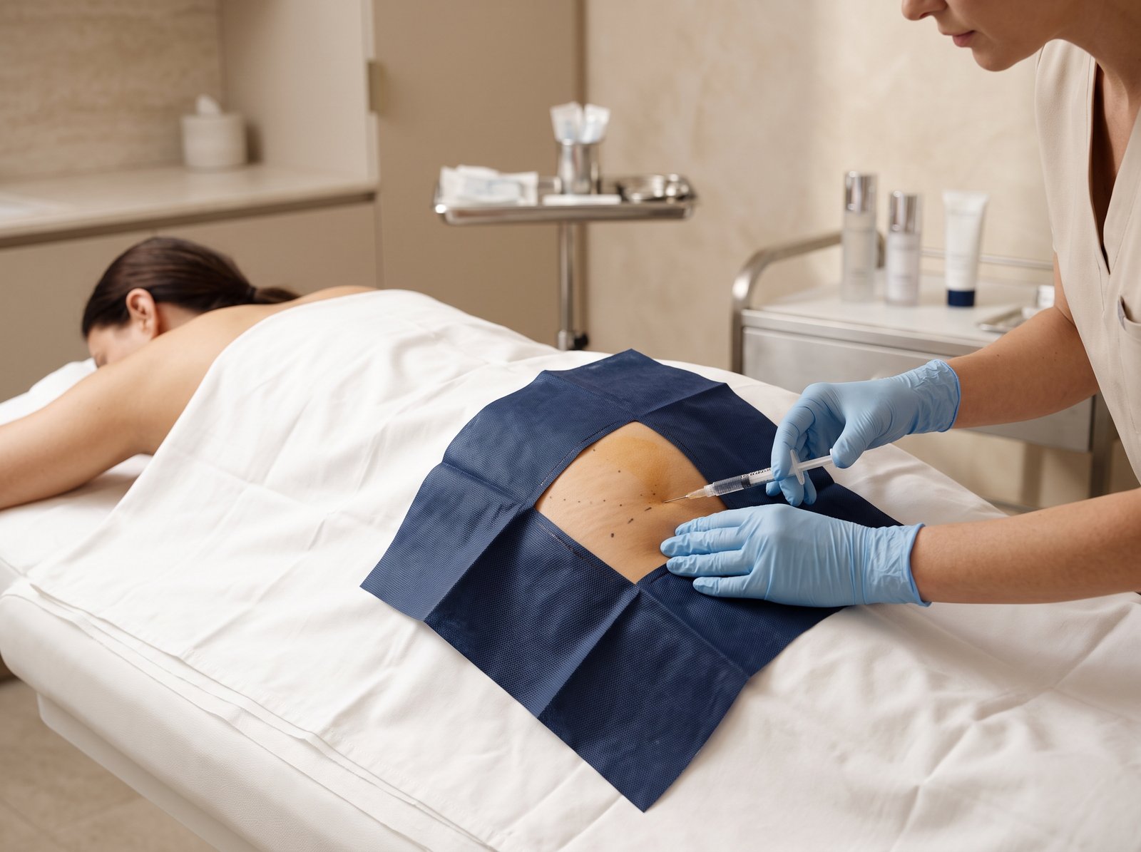 Procedimento injetável realizado por médico em ambiente clínico